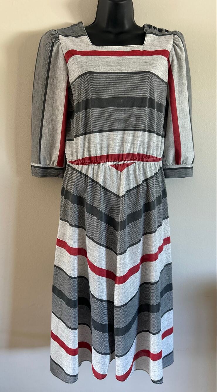 Vintage Sally Petite Dress Size 12 Gray Red Striped Midi Made in USA